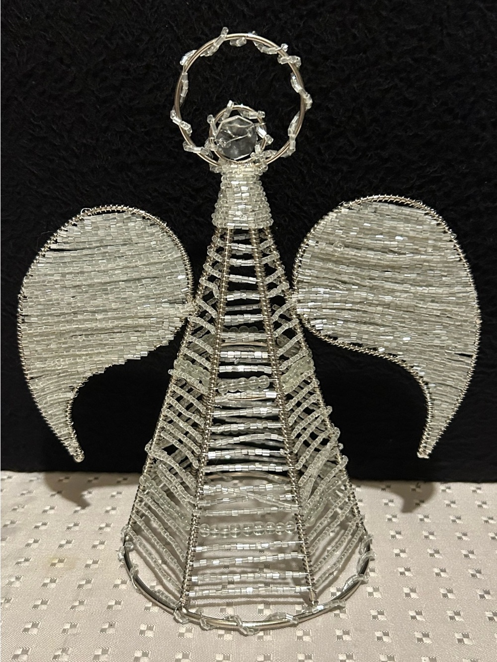 Metal Silver Wire Silver Beaded Angel Tree Topper Christmas Holiday Festive 8”